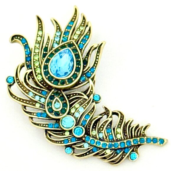 Heidi Daus Peacock Feather Brooch w/Blue & Green Crystals Gold-Tone Signed - Picture 5 of 8